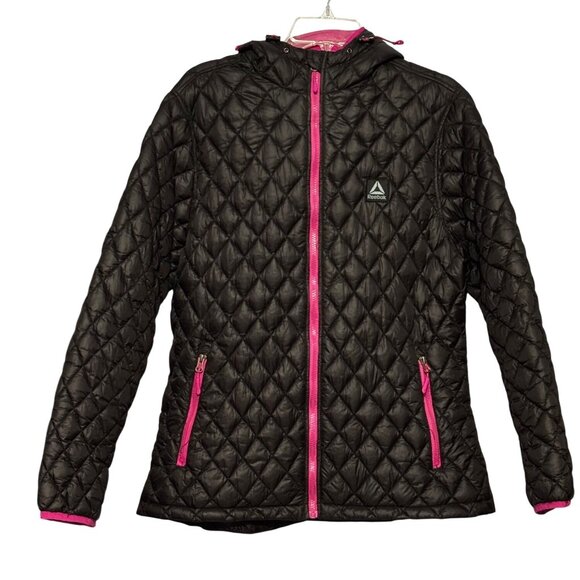 Reebok Women XL Quilted Hooded Jacket Black & Pink Full Zip Pockets Lightweight - Picture 1 of 11